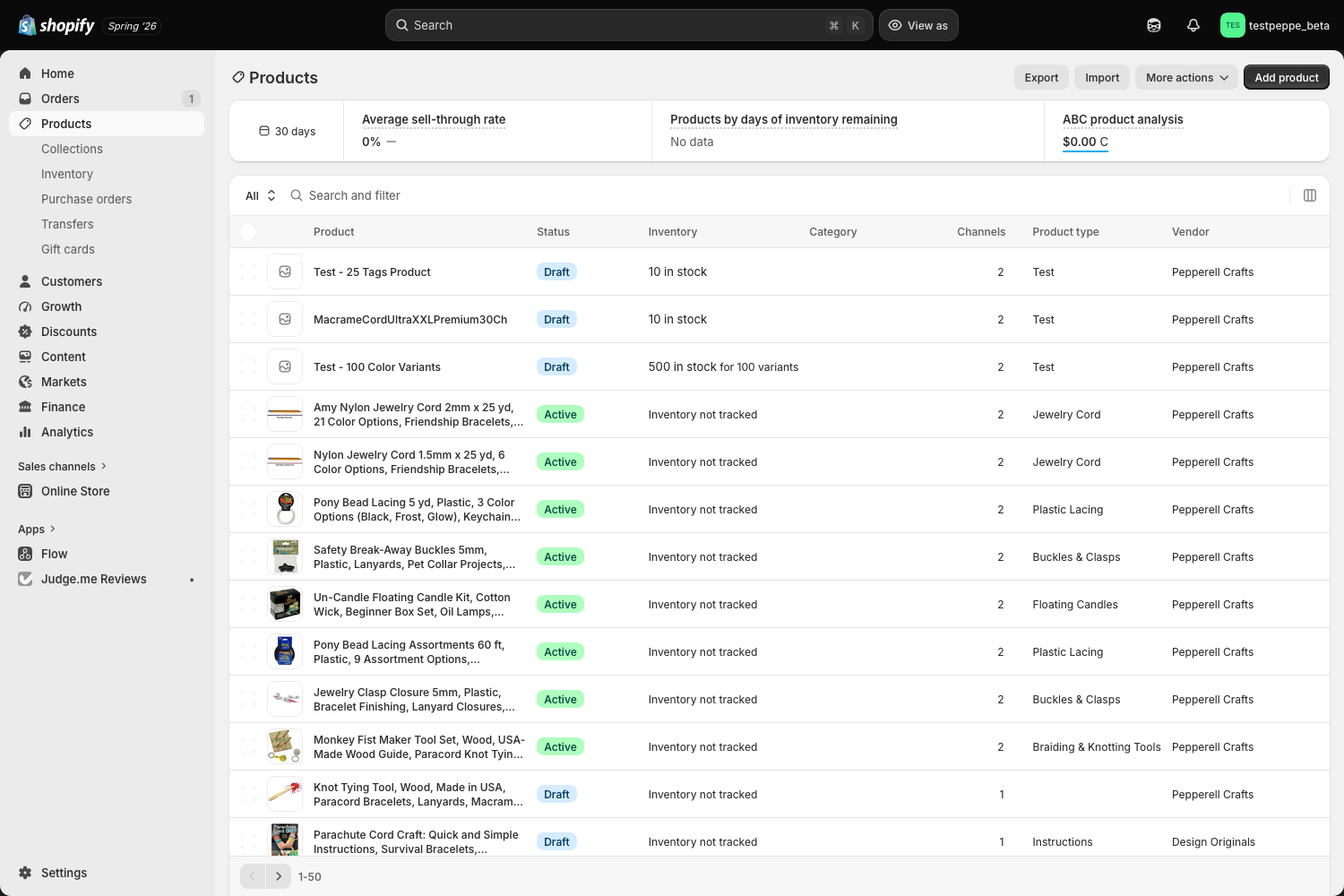 The Products list in the Shopify admin