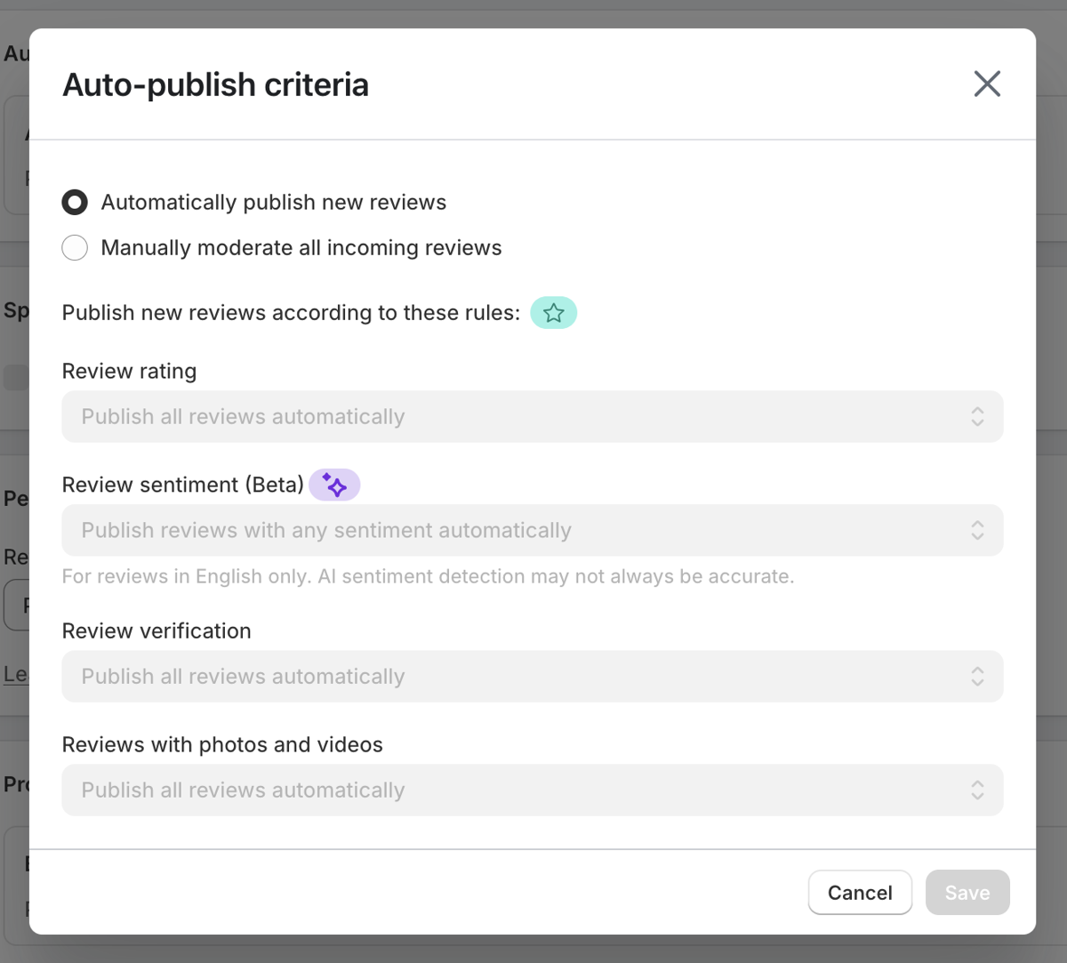 The Auto-publish criteria window with two choices, Automatically publish new reviews and Manually moderate all incoming reviews