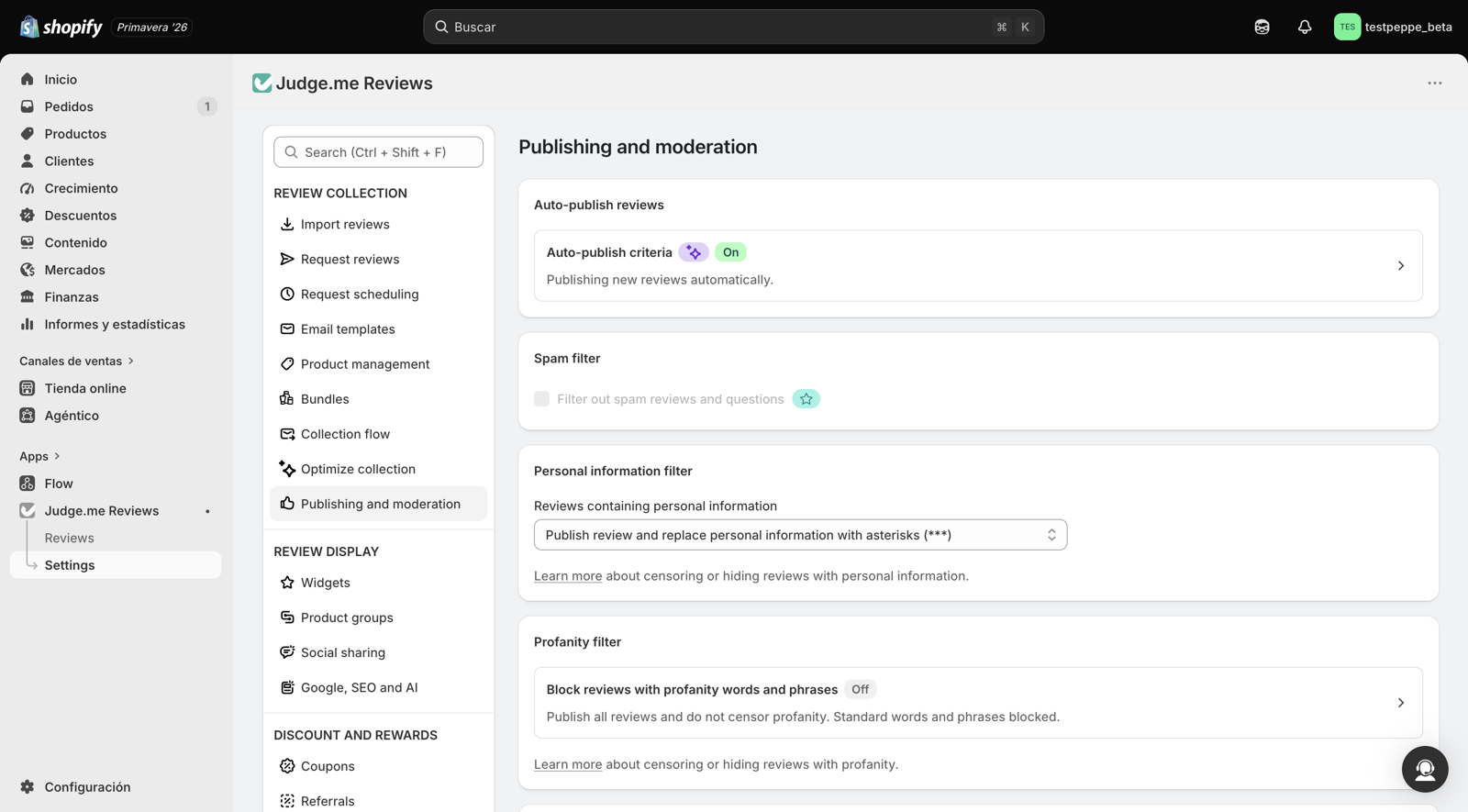 The Judge.me Settings page open on Publishing and moderation, with Auto-publish reviews at the top