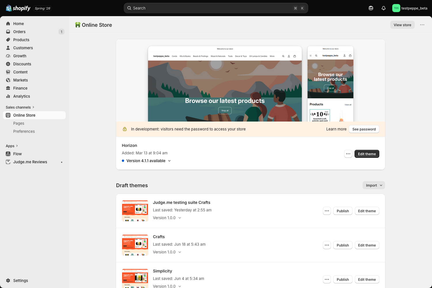 The Themes page with the live theme at the top and draft themes below